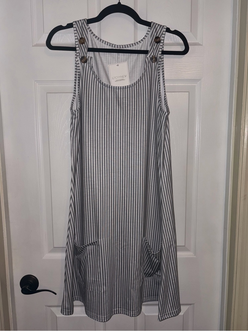 Striped Sleeveless Pocket Dress - Gray/White